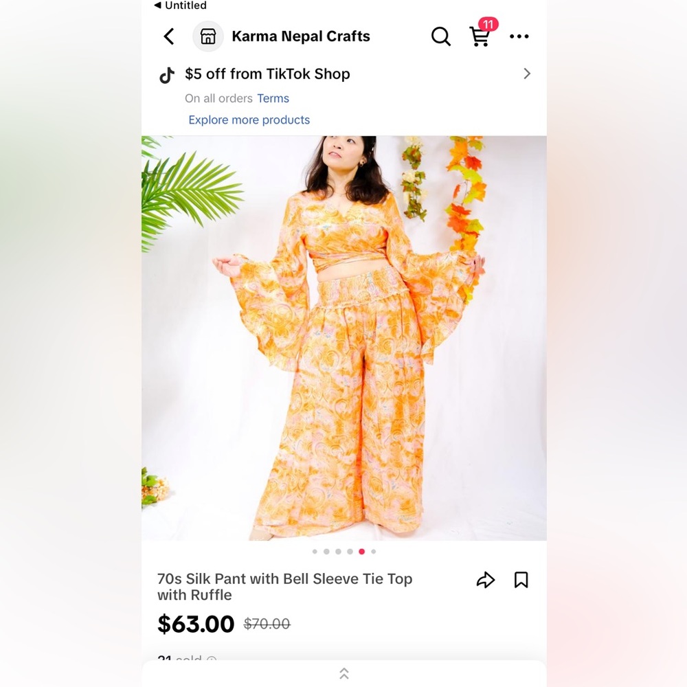 orange pink and gold flowy boho hippie 2 piece set